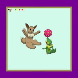  1:1 absurd_res admiring ambiguous_gender balancing balancing_object ball border brown_body brown_fur color_swatch digital_drawing_(artwork) digital_media_(artwork) duo eevee feral fur generation_1_pokemon generation_5_pokemon hi_res mammal nintendo pokemon pokemon_(species) purple_border reptile scalie simple_background snivy spread_arms standing subolek tail 