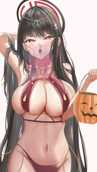  absurdres black_hair blue_archive breasts commentary_request covered_mouth dancer&#039;s_costume_(dq) female halloween halloween_costume highres large_breasts long_hair pumpkin red_eyes rio_(blue_archive) solo zcrt8375 