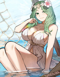  bare_shoulders bikini blush breasts chocojax cleavage closed_mouth dress dress_swimsuit female fire_emblem fire_emblem:_three_houses fire_emblem_heroes flower green_eyes green_hair hair_flower hair_ornament highres large_breasts long_hair looking_at_viewer official_alternate_costume rhea_(fire_emblem) rhea_(summer)_(fire_emblem) smile solo swimsuit white_bikini 