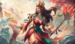  absurdres bare_shoulders black_hair bracelet breasts chinese_commentary cleavage cloud collarbone cowboy_shot detached_sleeves earrings eyeshadow female fingernails fish green_eyes hair_ornament highres holding holding_staff jewelry large_breasts league_of_legends light_particles long_hair looking_to_the_side makeup nami_(league_of_legends) official_alternate_costume official_alternate_hairstyle outdoors qi_mang_(qimang) sidelocks sky smile solo splashing splendid_staff_nami staff sunlight teeth temple tree upper_teeth_only water waterfall 