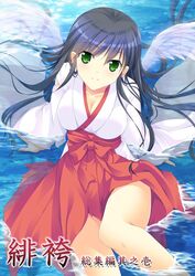  angel_wings black_hair breasts cleavage commentary_request female green_eyes hakama hakama_skirt highres japanese_clothes large_breasts original red_hakama shallow_water sitting_on_water skirt smile solo translation_request water wide_sleeves wings yamamoto_kazue 