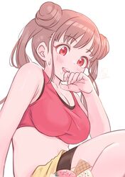  bare_shoulders bike_shorts blush breasts brown_hair collarbone commentary dated dot_nose double_bun female food hair_bun hand_on_own_face hand_up ice_cream idolmaster idolmaster_shiny_colors large_breasts long_hair looking_at_another midriff open_mouth red_eyes red_sports_bra saliva shorts signature simple_background sitting smile solo sonoda_chiyoko sports_bra sundae sweatdrop tomamatto twintails white_background yellow_shorts 