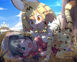  backpack blush bottomwear bow_tie clothing colored dry_grass duo feathers felid feline female female/female gloves grass handwear hat headgear headwear hug human kaban-chan kemono_friends makuran mammal plant red_grass safari serval serval-chan skirt tail_under_skirt under_tree volcano young 