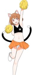  :d absurdres animal_ear_fluff animal_ears arm_up armpits bare_legs brown_hair cat_ears cat_tail cheerleader chen collarbone commentary_request crop_top female flat_chest foot_out_of_frame groin hand_up happy highres holding holding_pom_poms looking_at_viewer miniskirt multiple_tails navel nekomata no_earrings no_headwear open_mouth orange_skirt panties pantyshot paw_print petite pink_eyes pom_pom_(cheerleading) shiisuu_rattamu short_hair simple_background skirt smile solo standing standing_on_one_leg stomach tail teeth touhou two_tails underwear upper_teeth_only white_background white_panties 