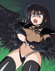  absurdres angel angel_wings armor belt bikini black_armor black_belt black_bikini black_choker black_gloves black_hair black_thighhighs black_wings breasts choker cleavage commentary_request dated elbow_gloves fallen_angel feathered_wings female gloves hair_between_eyes high_school_dxd highres kouma_bonmaid large_breasts long_hair looking_to_the_side open_mouth pink_eyes raynare revealing_clothes shoulder_armor solo swimsuit thighhighs thighs wings 