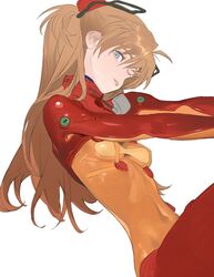  blue_eyes bodysuit breasts brown_hair evangelion:_2.0_you_can_(not)_advance female from_side highres horikwawataru interface_headset long_hair looking_at_viewer multicolored_bodysuit multicolored_clothes neon_genesis_evangelion orange_bodysuit outstretched_arms pilot_suit plugsuit rebuild_of_evangelion red_bodysuit simple_background solo souryuu_asuka_langley test_plugsuit two-tone_bodysuit white_background 