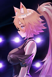  animal_ear_fluff animal_ears bandaid bandaid_on_face bandaid_on_nose black_bra black_choker black_panties black_shirt blonde_hair blue_eyes bra breasts cat_ears cat_girl choker female hair_between_eyes hair_ornament highres indie_virtual_youtuber lights long_hair obkatiekat obkatiekat_(2nd_costume) panties ponytail see-through shirt solo stealcoffins torn_clothes torn_shirt twitter_username underwear upper_body virtual_youtuber 