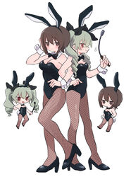  2girls anchovy_(girls_und_panzer) animal_ears black_bow black_bowtie black_footwear black_leotard blush bow bowtie breasts brown_eyes brown_hair cleavage closed_mouth drill_hair fake_animal_ears fishnet_pantyhose fishnets girls_und_panzer green_hair hairband hairbow hand_on_own_hip high_heels highres holding holding_riding_crop large_breasts leotard locked_arms long_hair multiple_girls nishizumi_maho pantyhose playboy_bunny rabbit_ears ri_(qrcode) riding_crop short_hair simple_background smile strapless strapless_leotard twin_drills white_background wrist_cuffs 