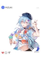  1boy :d arknights black_collar black_pants blue_hair blue_headwear character_name collar earrings hair_between_eyes hand_up highres holding holding_ice_cream_cone ice_cream_cone infection_monitor_(arknights) jacket jellyfish_hair_ornament jewelry layered_sleeves long_hair looking_at_viewer male_focus midriff mizuki_(arknights) multiple_rings open_clothes open_jacket open_mouth otoko_no_ko pants pink_eyes ring shirt short_sleeves smile transparent_background v white_jacket white_shirt yipingtaopuzi 