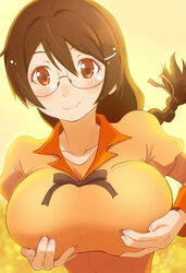  braid breast_hold breasts brown_eyes brown_hair closed_mouth collarbone commentary_request female glasses grabbing_own_breast hair_between_eyes hair_ornament hairclip hanekawa_tsubasa highres huumoon juliet_sleeves kizumonogatari large_breasts long_hair long_sleeves looking_at_viewer monogatari_(series) naoetsu_high_school_uniform orange_shirt puffy_sleeves school_uniform shirt single_braid smile solo 