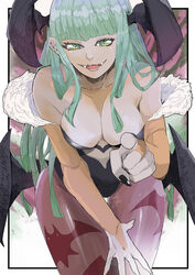  animal_print bat_print bat_wings breasts cleavage clothing_cutout fangs female fur-trimmed_leotard fur_trim green_hair head_wings heart_cutout highres jinbei leaning_forward leotard long_hair looking_at_viewer low_wings morrigan_aensland pantyhose print_pantyhose vampire vampire_(game) wings 