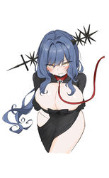  arcana_(reverse:1999) blue_hair blush breasts clenched_teeth collar female highres justina_(sduy5347) large_breasts leash long_hair looking_at_viewer reverse:1999 shrug_(clothing) simple_background solo sweat teeth variant_set very_long_hair wand_in_head white_background yellow_eyes 