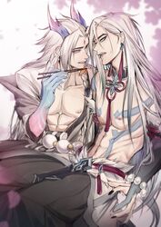  2boys abs black_nails blue_eyes bracelet chopsticks colored_sclera earrings fingernails grey_sclera highres holding holding_chopsticks horns jewelry kayn_(league_of_legends) league_of_legends long_hair looking_at_another male_focus multiple_boys muscular muscular_male nail_polish navel nipples open_mouth parted_bangs shadow_assassin_kayn simple_background sitting spirit_blossom_(league_of_legends) spirit_blossom_yone sweatdrop tassel tassel_earrings teeth white_eyes white_hair yone_(league_of_legends) zyrophin 