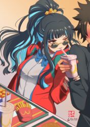  1boy absurdres black_hair black_jacket blue_hair bow bowtie boyfriend_(yoru_mac) breasts chicken_nuggets colored_inner_hair cosplay cup disposable_cup drinking_straw fast_food fate/grand_order fate_(series) female food french_fries girlfriend_(yoru_mac) girlfriend_(yoru_mac)_(cosplay) grey_eyes high_ponytail highres jacket light_blue_hair long_hair long_sleeves looking_over_eyewear mcdonald&#039;s medium_breasts multicolored_hair one_eye_closed red_jacket shirt short_hair sidelocks smile sunglasses tenochtitlan_(fate) tetsu_no_samurai tinted_eyewear tray variant_set wcdonald&#039;s white_shirt yoru_mac 