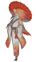  2022 3mohu aknosom anthro avian bird capcom claws clothing digitigrade feathers gruiform hi_res long_beak looking_at_viewer male monster_hunter parasol scales simple_background solo toe_claws 