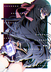  absurdres arms_behind_back asterisk_(symbol) black_background black_jacket black_skirt blazer border braid brown_sweater cellphone cellphone_photo commentary_request cowboy_shot dutch_angle female floating_hair from_behind glitch hair_ornament hair_ribbon hairclip half_up_braid highres hito_mania_(utau) holding holding_own_wrist holding_phone index_finger_raised jacket long_hair long_sleeves looking_at_viewer looking_back miniskirt nijisanji noname_(rftd8828) outside_border phone pink_ribbon plaid plaid_skirt profile purple_hair ribbon scanlines school_uniform skindentation skirt smartphone solo sweater thighhighs tsukino_mito tsukino_mito_(1st_costume) very_long_hair virtual_youtuber white_border white_thighhighs 