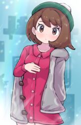  abstract_background blush brown_eyes brown_hair buttons cardigan collarbone collared_dress commentary_request cowboy_shot dot_nose dress eyelashes female gloria_(pokemon) green_headwear grey_cardigan hand_up hat highres kutabireta_neko looking_at_viewer medium_hair pink_dress pokemon pokemon_swsh tam_o&#039;_shanter 