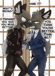  5_fingers absurd_res aggretsuko anthro biped blush blush_lines brother_(lore) brothers_(lore) bulge clenched_teeth clothed clothed_anthro clothed_male clothing duo english_text eyebrows eyewear fingers glasses haida_(aggretsuko) hi_res hyena inner_ear_fluff jiro_haida_(aggretsuko) male mammal necktie open_mouth open_smile sanrio sibling_(lore) smile spotted_hyena tail teeth text tuft tush_(artist) 