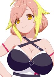  blonde_hair blush breasts cleavage closed_mouth commentary_request criss-cross_halter female halterneck hira_hikari kokoro_sorueki large_breasts looking_at_viewer medium_bangs nanashi_inc. pink_hair short_hair sidelocks simple_background smile solo swept_bangs transparent_background upper_body virtual_youtuber yellow_eyes 