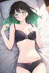  absurdres bad_id bad_pixiv_id bed black_bra black_hair black_panties bra breasts collarbone commentary_request female gradient_hair green_eyes green_hair hair_down highres large_breasts looking_at_viewer love_live! love_live!_nijigasaki_high_school_idol_club lying medium_hair multicolored_hair navel on_back on_bed panties pillow smile solo stomach takasaki_yu two-tone_hair underwear underwear_only yuukinui 