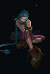  absurdres arcane:_league_of_legends arcane_jinx arm_tattoo asymmetrical_bangs asymmetrical_hair bandaid bandaid_on_leg black_background blue_hair blue_nails bomb braid brown_footwear brown_gloves closed_mouth english_commentary explosive female fingernails full_body gloves gun highres holding holding_bomb jinx_(league_of_legends) league_of_legends long_hair looking_at_viewer messy_hair multicolored_pants nail_polish pants pink_eyes pink_nails pink_pants purple_pants qi_mang_(qimang) serious simple_background sitting solo striped_clothes striped_pants tattoo twin_braids very_long_hair weapon 