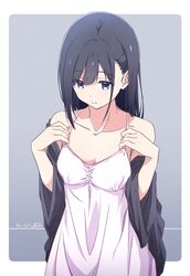  black_hair blue_eyes breasts chemise cleavage closed_mouth collarbone commentary_request dated dress female grey_background highres long_hair looking_down medium_breasts monai-chan_(nii_manabu) nii_manabu original signature sleeveless sleeveless_dress solo two-tone_background white_dress 