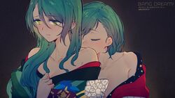  2girls aqua_hair artist_name bang_dream! bare_shoulders black_background blush breasts cleavage closed_eyes copyright_name green_eyes hand_on_own_chest hikawa_hina hikawa_sayo incest japanese_clothes kimono long_hair milk_puppy multiple_girls nervous open_clothes open_kimono short_hair siblings sisters smelling twincest twins twitter_username yuri 