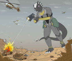  2020 4_toes aircraft airplane anthro armor barefoot battle black_body black_scales blurred_background building city_destruction claws colored destroyed_building destroyed_city destruction digital_drawing_(artwork) digital_media_(artwork) dragon explosion fandroit feet fire fur gun handgun helicopter jet macro male muzzle_flash mythological_creature mythological_scalie mythology one_eye_closed outside pistol purple_eyes ranged_weapon ruins scales scalie shooting sig_(me-havoc) signature solo tail tank toe_claws toes vehicle weapon white_body white_claws white_fur 