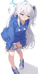  blue_archive blue_footwear blue_halo blue_hoodie blush braid casual commentary cross-laced_footwear double-parted_bangs female french_braid hair_between_eyes halo highres hood hood_down hoodie long_hair long_sleeves looking_to_the_side miyako_(blue_archive) miyako_(young)_(blue_archive) nose_blush official_alternate_costume one_side_up open_mouth panties panty_pull polka_dot polka_dot_panties puffy_long_sleeves puffy_sleeves pulling_own_clothes purple_eyes pussy_juice pussy_juice_drip_through_clothes pussy_juice_trail ripnte shoes simple_background sleeves_past_wrists solo sweat translation_request underwear unworn_panties wet wet_clothes wet_panties white_background white_hair white_panties 