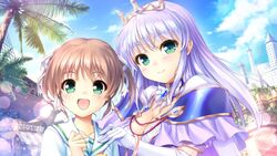  2girls asagiri_mai blue_brooch blue_choker blue_gemstone blue_sky blush bow breasts brooch brown_hair cannon castle choker cleavage cloud crown day dress elbow_gloves feena_fam_earthlight game_cg gem gloves green_eyes hair_ribbon hand_on_another&#039;s_shoulder iris_mysteria! jewelry large_breasts long_hair looking_at_viewer multiple_girls open_mouth outdoors princess purple_hair ribbon school_uniform ship shirt short_hair short_sleeves short_twintails shoulder_pads sky smile tiara tree twintails watercraft white_gloves yoake_mae_yori_ruri_iro_na 