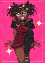  animal_(vocaloid) artist_self-insert brown_eyes brown_hair cat_hair_ornament choker commentary cone_hair_bun dark-skinned_female dark_skin double_bun dreadlocks dress earrings english_commentary female fingernails glasses hair_bun hair_ornament hairclip heart highres jewelry long_fingernails o-ring o-ring_choker original pcktknife red_dress ring short_dress single_thighhigh sitting smile solo sparkle thighhighs very_dark_skin 