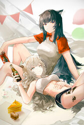  2girls animal_ears arknights black_hair black_shorts blue_eyes bottle breasts cake cake_slice can extra_ears food grey_hair highres holding holding_bottle holding_can lap_pillow lappland_(arknights) long_hair looking_at_viewer lying material_growth medium_breasts midriff multiple_girls on_back orange_eyes oripathy_lesion_(arknights) runamonet shirt short_shorts short_sleeves shorts sidelocks sitting strapless string_of_flags t-shirt tail texas_(arknights) tube_top white_shirt white_tube_top wolf_ears wolf_girl wolf_tail 