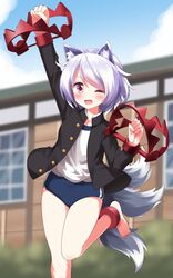  alternate_costume animal_ears ankle_cuffs barefoot bear_trap black_shirt blue_buruma blush buruma buttons cheering clenched_hands commentary_request dog_ears dog_girl dog_tail extra_tails female gakuran grey_hair gym_shirt gym_uniform highres mitsugashira_enoko multicolored_hair multiple_tails one_eye_closed open_clothes open_mouth open_shirt ouendan outdoors purple_eyes purple_hair ruu_(tksymkw) school_uniform shirt solo tail toes touhou two-tone_hair white_hair white_shirt 