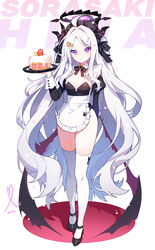  ahoge alternate_costume apple_caramel apron black_footwear black_horns black_wings blue_archive blush breasts cake character_name closed_mouth commentary_request demon_horns demon_wings enmaided female food frilled_apron frills full_body halo highres hina_(blue_archive) holding holding_tray horns juliet_sleeves long_hair long_sleeves looking_at_viewer maid maid_apron maid_headdress multiple_horns parted_bangs partial_commentary puffy_sleeves purple_eyes shoes small_breasts solo thighhighs tray very_long_hair white_apron white_hair white_thighhighs wings 