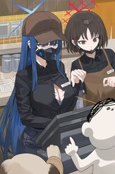  1boy 1other 2girls apron blue_archive blue_eyes blue_hair breasts brown_apron brown_eyes brown_hair canine cash_register cleavage dark_blue_hair doodle_sensei_(blue_archive) halo headshot highres hood_(james_x) large_breasts mask misaki_(blue_archive) mouth_mask multiple_girls open_mouth pants popped_button saori_(blue_archive) sensei_(blue_archive) 