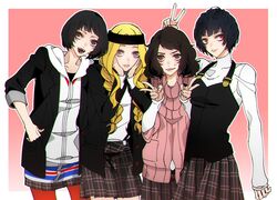  4girls black_hair blazer blonde_hair blue_hair brown_eyes brown_hair commentary_request cosplay headband highres hood hoodie jacket kawakami_sadayo mifune_chihaya multiple_girls niijima_makoto niijima_makoto_(cosplay) ohya_ichiko okumura_haru okumura_haru_(cosplay) pantyhose persona persona_5 pink_sweater plaid plaid_skirt pleated_skirt protected_link purple_eyes red_eyes red_legwear ribbed_sweater ryyohko school_uniform shuujin_academy_school_uniform skirt sweater takamaki_anne takamaki_anne_(cosplay) takemi_tae 