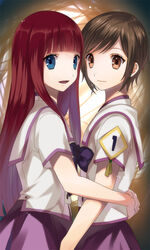  2girls akizuki_maria bad_id bad_pixiv_id blue_eyes blunt_bangs brown_eyes brown_hair long_hair looking_at_viewer luro multiple_girls photoshop_(medium) red_hair school_uniform shin_sekai_yori short_hair smile watanabe_saki 