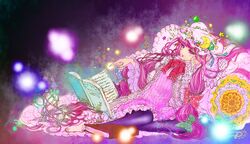  bad_id bad_pixiv_id barefoot book colorized crescent female hat long_hair moni_(credo) patchouli_knowledge purple_eyes purple_hair solo takatora touhou 