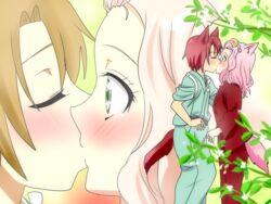  2girls animal_ears blush brown_hair closed_eyes fox_ears fox_tail green_eyes kissing konohana_kitan multiple_girls natsume_(konohana_kitan) pink_hair ren_(konohana_kitan) tail yuri 