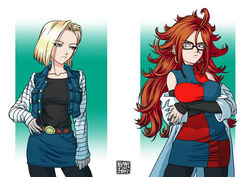  2girls android_18 android_21 artist_name black-framed_eyewear black_nails black_pantyhose blade_of_fury blonde_hair blue_eyes breast_hold breasts brown_hair commentary_request crossed_arms curly_hair dated denim denim_skirt detached_sleeves dragon_ball dragon_ball_fighterz dress earrings eye_contact glasses hand_on_own_hip hoop_earrings jewelry lab_coat large_breasts long_hair looking_at_another multiple_girls nail_polish pantyhose ring short_dress short_hair skirt striped_sleeves vest 