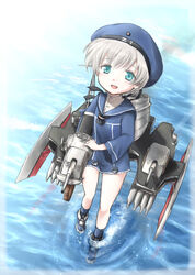  blonde_hair blue_eyes cannon clothes_writing commentary_request dress female from_above gun hat kantai_collection looking_up ocean open_mouth red-50869 sailor_collar sailor_dress sailor_hat short_hair solo torpedo turret water weapon z1_leberecht_maass_(kancolle) 