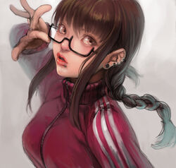  braid brown_eyes brown_hair commentary_request ear_piercing female foreshortening glasses hands katekari_yuusuke lips looking_away original photoshop_(medium) piercing solo track_suit twin_braids upper_body 