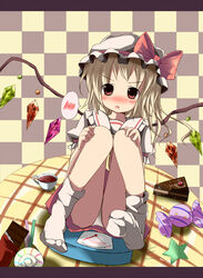  :o blonde_hair blush bow cake cake_slice candy checkered_background chocolate commentary_request female flandre_scarlet food hat hat_bow highres kazura letter lollipop looking_at_viewer md5_mismatch panties red_eyes scales sitting skirt socks solo speech_bubble spoken_blush star_(symbol) swirl_lollipop table touhou underwear white_panties wings 