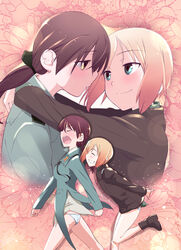  2girls arms_behind_back blonde_hair blue_eyes blush boots brown_eyes brown_hair closed_eyes commentary_request erica_hartmann eye_contact gertrud_barkhorn grin hug long_hair looking_at_another military military_uniform multiple_girls open_mouth own_hands_clasped own_hands_together panties photoshop_(medium) profile short_hair smile strike_witches touge_hiro underwear uniform walking white_panties world_witches_series yuri 