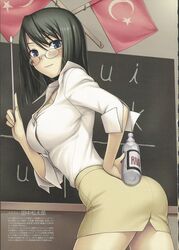  alcohol alphabet ass black_hair blue_eyes blush bottle breasts chalkboard classroom crescent female glasses hand_on_own_hip highres large_breasts leaning_forward light_smile looking_at_viewer looking_back mc_axis miniskirt moire mustafa_kemal_ataturk pencil_skirt pointer scan skirt smile solo star_(symbol) star_and_crescent tanaka_shoutarou teacher translated turkey_(country) turkish_flag 