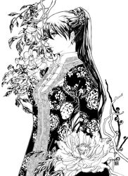  bad_id bad_pixiv_id balsa beads camellia earrings expressionless female floral_background floral_print flower from_side greyscale hair_beads hair_ornament japanese_clothes jewelry katsura_(+araka) lips long_hair looking_away monochrome peony_(flower) ponytail profile seirei_no_moribito 