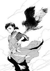  1boy bad_id bad_pixiv_id bird chagum dagger greyscale hawk japanese_clothes katsura_(+araka) knife monochrome seirei_no_moribito short_ponytail smile weapon 