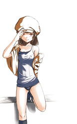  bad_id bad_pixiv_id bakemonogatari blush brown_eyes brown_hair cabbie_hat covered_nipples female flat_chest hat highres jacket monogatari_(series) one-piece_swimsuit photoshop_(medium) school_swimsuit sengoku_nadeko short_hair smile socks solo ss39 swimsuit 