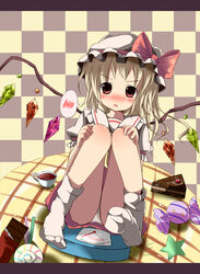  :o blonde_hair blush bow cake cake_slice candy checkered_background chocolate commentary_request female flandre_scarlet food hat hat_bow highres kazura letter lollipop looking_at_viewer panties red_eyes revision scales sitting skirt socks solo speech_bubble spoken_blush star_(symbol) swirl_lollipop table touhou underwear white_panties wings 