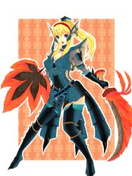  armor blonde_hair blue_eyes breasts cleavage commentary_request female headband highres large_breasts long_hair monster_hunter_(character) monster_hunter_(series) open_mouth polaris rathalos_(armor) solo sword thighhighs weapon 